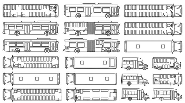 Public Transit Bus CAD Block Set with Top View Seating Plans and Side Elevations