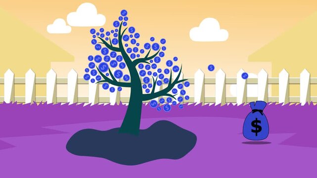 Money tree in a suburban yard, Cartoon money tree with coins growing in a yard with fence houses and sky animation