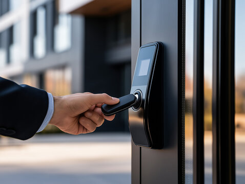 Hand tapping electronic key fob against smart door access reader for secure entrance 