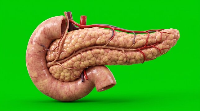 Human Pancreas Anatomy: A detailed anatomical illustration of the human pancreas, showcasing its complex structure with visible blood vessels and its connection to the duodenum.