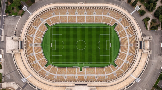 Aerial View Soccer Stadium with Full Capacity Seating