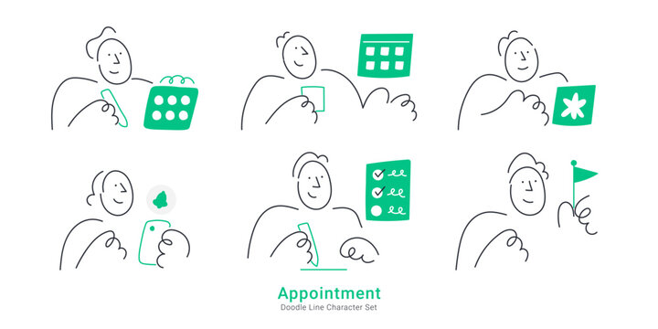 Business appointment and scheduling concepts. Doodle line characters setting calendar dates, checking notifications, writing tasks, and marking goals.
