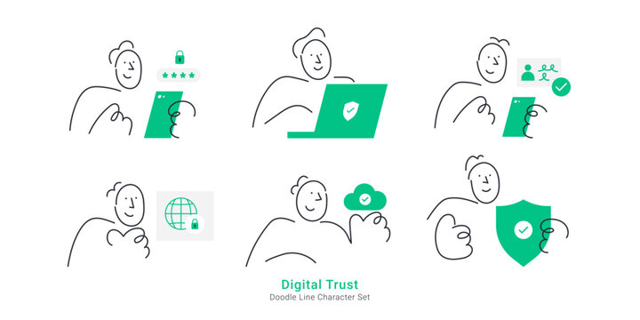 Digital trust and cybersecurity concepts. Doodle line characters managing password lock, laptop protection, user verification, secure network, cloud safety, and shield.