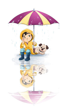 Little girl with her dog taking shelter under her umbrella while it rains, isolated drawing