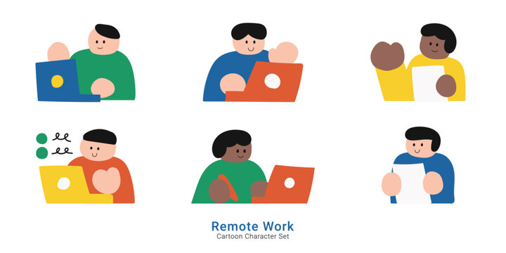Remote work and digital freelance concepts. Cute cartoon character set of diverse people working on laptops, reading documents, and managing tasks online.