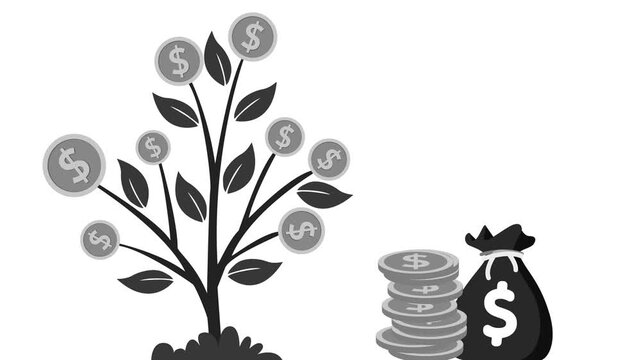 Flat animation of a money tree with coin fruits, stacked coins and a cash bag business growth savings and profit concept, Money tree with coins and cash bag animated