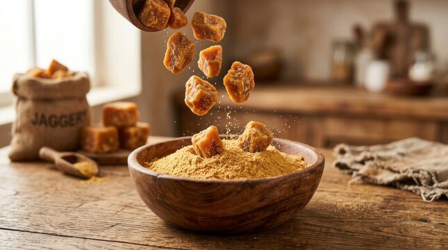 Natural jaggery chunks falling into a bowl of brown sugar on a rustic wooden table