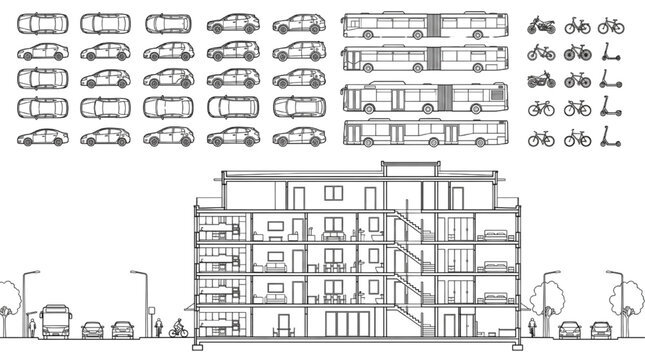 Apartment Building Section Cutaway with Urban Vehicles and Public Transit Vectors