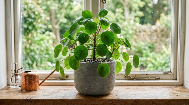 Vibrant green plant in a modern pot on a windowsill, with a watering can nearby, bathed in soft natural light.