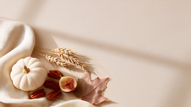 Aesthetic Autumn Flat Lay with White Pumpkin, Fresh Fig, Pecans, and Wheat Stalks 