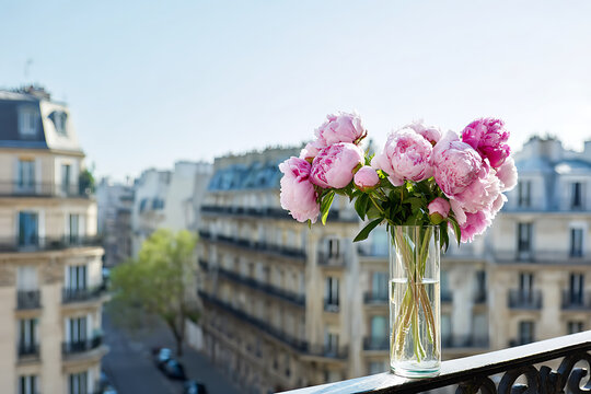 Beautiful Pink Peonies in a Vase on a Parisian Balcony Overlooking Cityscape.
