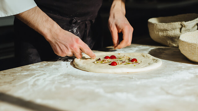Chef preparing a delicious pizza with fresh ingredients on a floured surface.