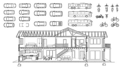 Obraz premium Residential House Section Cutaway with Bus, Car, and Motorcycle Vehicles