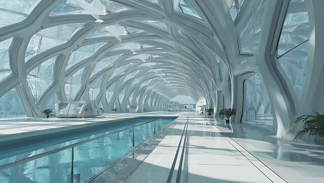 Futuristic Indoor Swimming Pool with Modern Architectural Design.