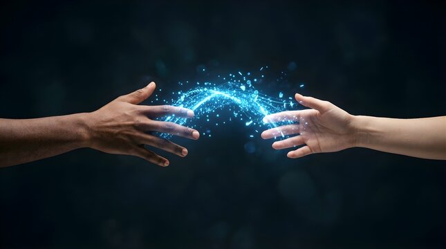 Diverse hands reaching toward each other with glowing blue energy sparks
