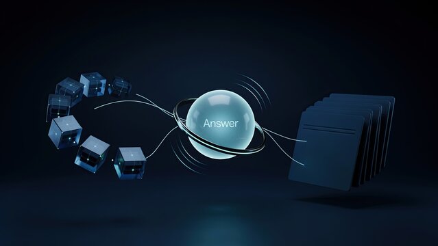 Orb orbiting blocks signifies a digital search process finding the definitive answer in a complex data repository.
