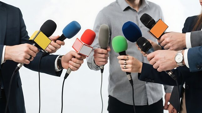 Closeup of multiple microphones held by reporters interviewing a person