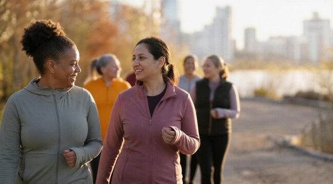 Active Diverse Women Friends Walking Outdoors at Sunrise