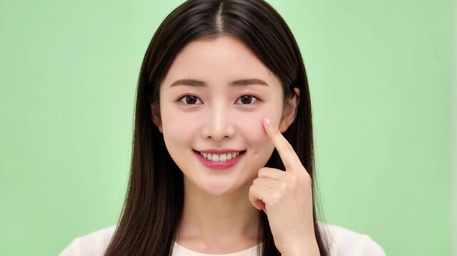 Young asian woman touching her soft cheek demonstrating skincare and beauty routine face skin cosmetic portrait model