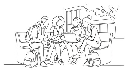 Obraz premium Group of diverse students studying together on a bench continuous line art.