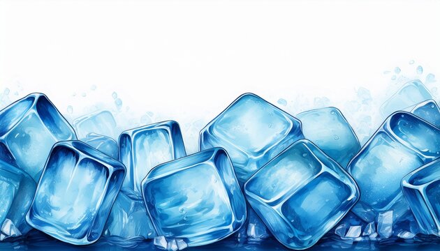blue cold ice cubes bottom border isolated on white or white background