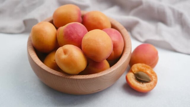 Fresh apricots in a wooden bowl with one fruit cut open