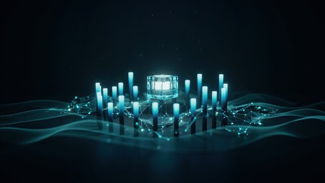 Data architecture illuminates a central glowing core surrounded by vertical light pillars in a dark digital space.