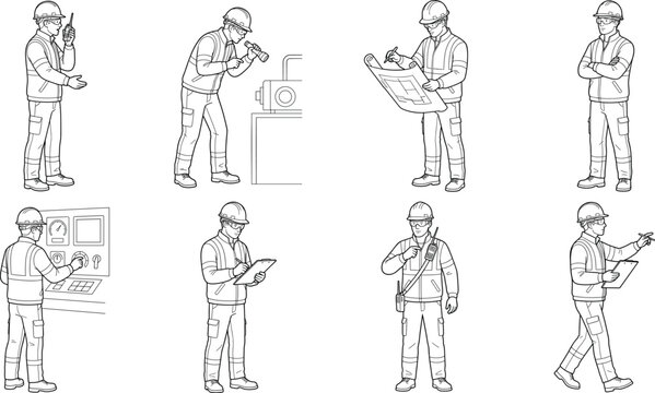 Industrial Worker and Safety Engineer Outline Vector Set with Inspection Communication Blueprint and Factory Operations Collection
