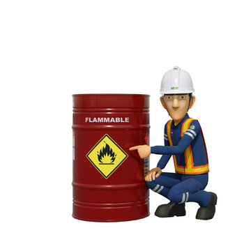 Construction worker is standing with the flammable chemical barrel.