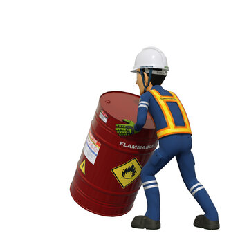 Construction worker is moving the flammable chemical barrel in back view
