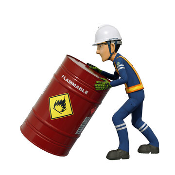 Construction worker is moving the flammable chemical barrel in front view