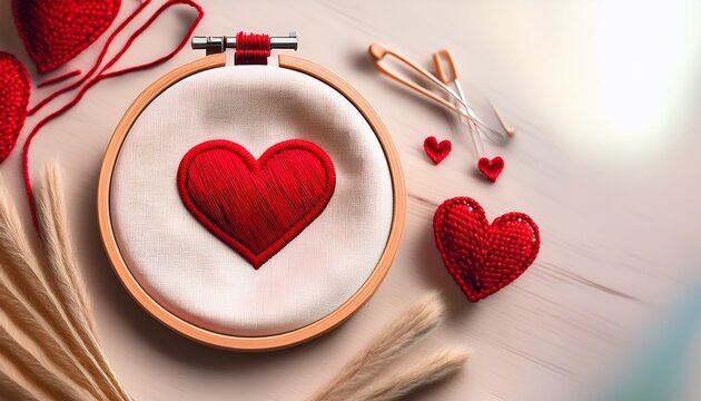 cute heart embroider in a wooden hoop