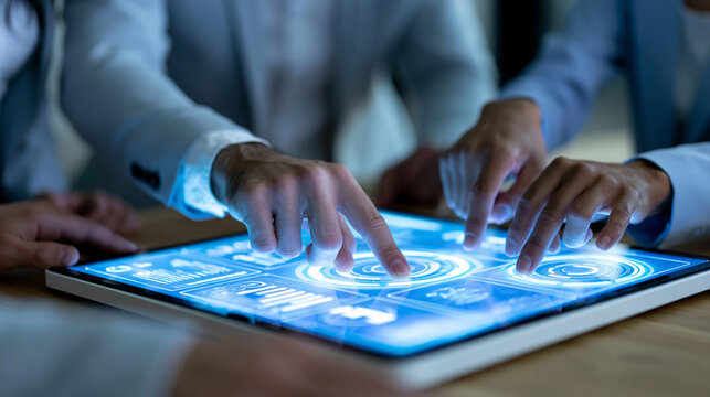 Faceless business team reviewing a glowing digital compliance dashboard together, corporate governance concept, with copy space