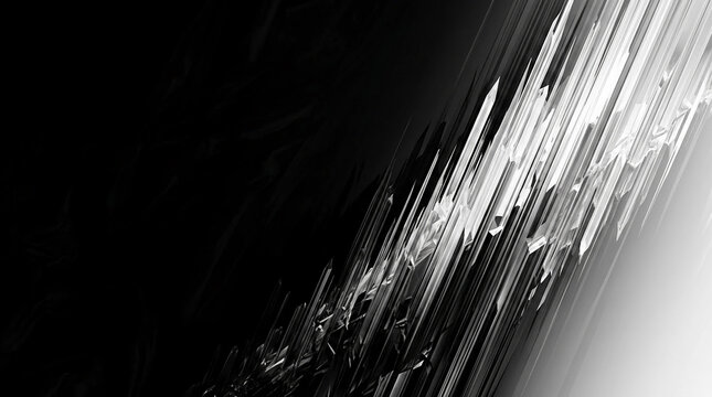 Monochromatic abstract rendering of sharp, crystalline shards against a dark background, symbolizing complexity, disruption, or fragmentation