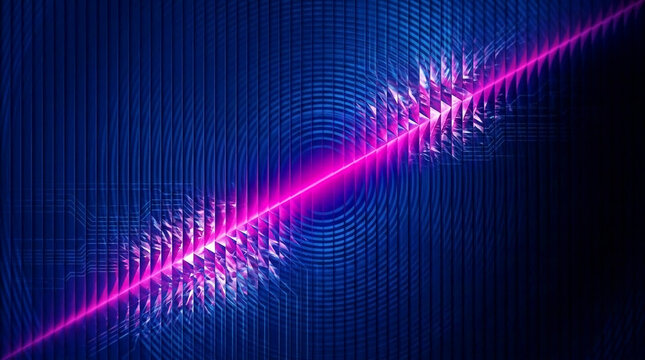 Abstract dark blue background with concentric circles and a vibrant magenta light streak, symbolizing energy, sound waves, or digital data flow, with free space for text.