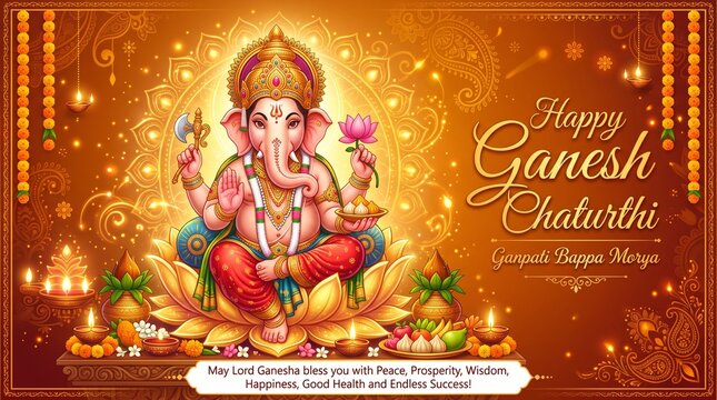 Vibrant digital illustration celebrating Ganesh Chaturthi. The layout features Lord Ganesha, depicted with an elephant head and a human body, seated on a golden lotus. Ganesha is adorned with a golden