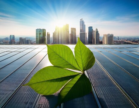 single green leaf in front of modern urban skyline with skyscrapers