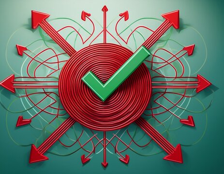 process optimization and simplifying complexity concept with tangled red lines transforming into organized green checkmark arrows through a central target node