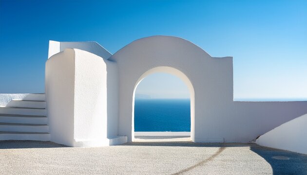 sunlit white abstract architecture with arches stairs and sea view in a minimal mediterranean scene