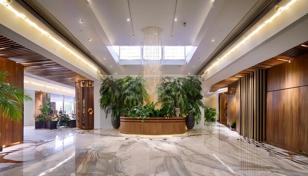 luxurious marble lobby with wood accents and lush greenery