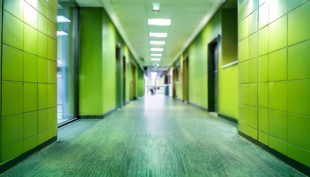 bright green colored hall or office room blurred defocus background or entrance