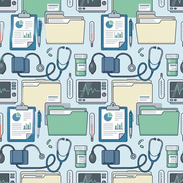 Modern hospital nurse station seamless pattern with medical icons. Flat design healthcare workspace vector illustration for clinics and offices.