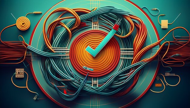 tangled computer cables entering target bullseye becoming straight lines with checkmarks concept of it troubleshooting and workflow optimization