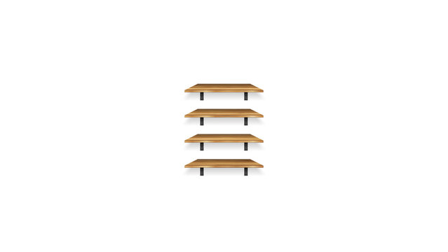 Set of four wooden floating wall shelves with black metal brackets isolated on white background. Empty wood plank mockup for product display.