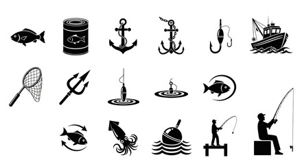 Detailed Vector Icons Representing Fishing Activities, Nautical Elements, Marine Life, and Angling Equipment for Outdoor Themes and Recreation © Mecklenburglaan