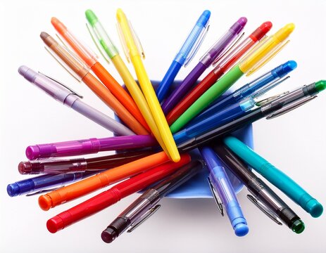 colorful pens in corner top view isolated on white or white background