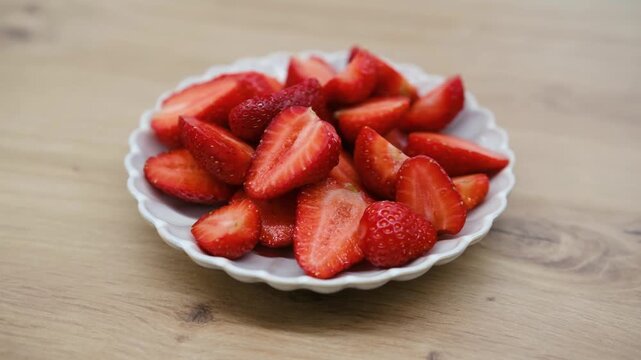 Sliced strawberries in a white bowl on a wooden background