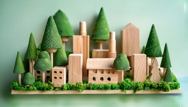eco friendly wooden toy trees and factory structures with lush green decor