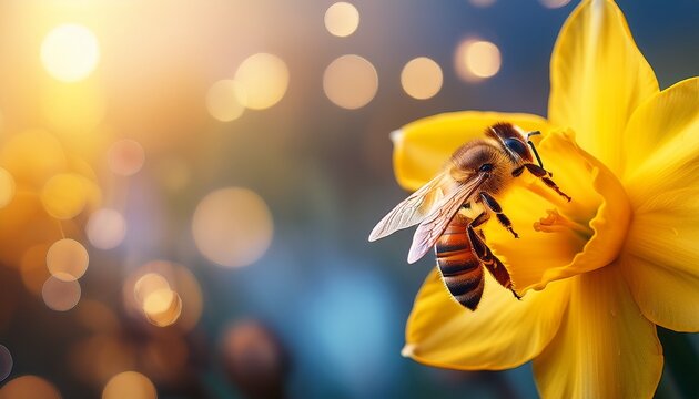honey bee on yellow daffodil with bokeh background close up of insect on flower with copy space spring nature concept