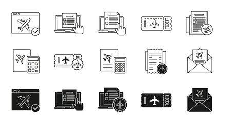 Fototapeta premium Airline Ticket Booking and Flight Reservation System Vector Icon Set for Travel Agency Website and App Interface